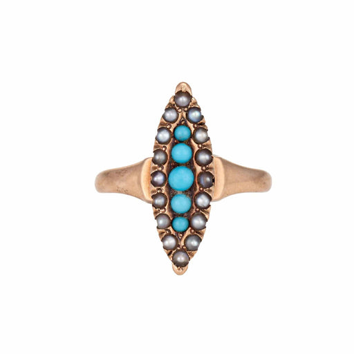 Ring 51 Antique Victorian Navette Ring Turquoise Seed Bead Yellow Gold 58 Facettes G12477
