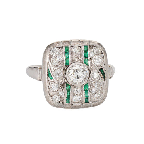 Bague 57 Bague Art Déco vintage en or blanc avec diamants et émeraude 58 Facettes G13914