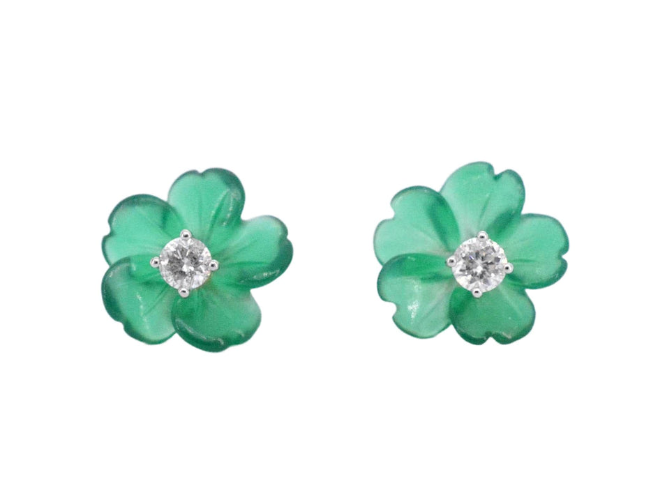 Boucles d'oreilles en or 0,18 carat avec fleur précieuse verte et gros diamants