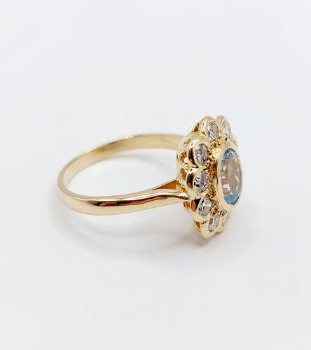 Bague marguerite vintage en or 18k et spinelle bleu, diamants