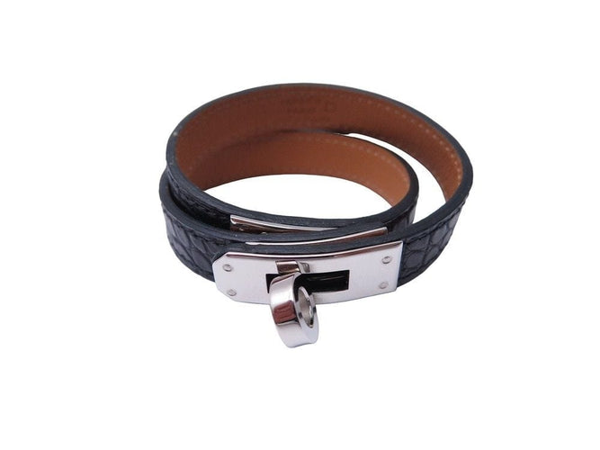 Bracelet bracelet HERMES kelly double tour cuir alligator crocodile noir 58 Facettes 260099