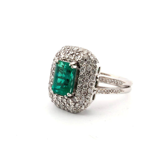 Bague 62 Bague en or blanc massif avec émeraude colombienne et diamants 58 Facettes