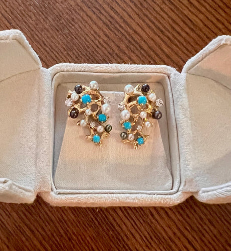 Boucles d'oreilles Gilbert Albert - Clips d'Oreilles Turquoises Diamants Perles Or jaune 58 Facettes BS154