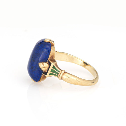 Bague Bague Art déco vintage en lapis-lazuli émaillé, or jaune 14 carats, taille 6,25, bijoux fins 58 Facettes G14043