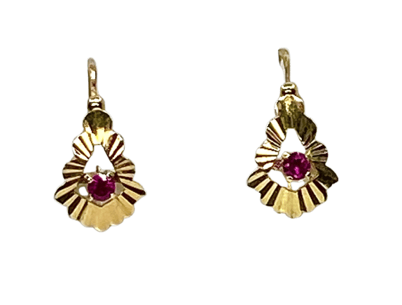 Boucles d’oreilles dormeuses en or jaune 18 carats et pierres rouges
