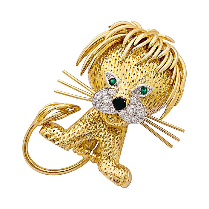 Pendentif Clip vintage Van Cleef & Arpels, "Lion Ebouriffé", platine, or jaune, diamants, émeraudes. 58 Facettes 33941