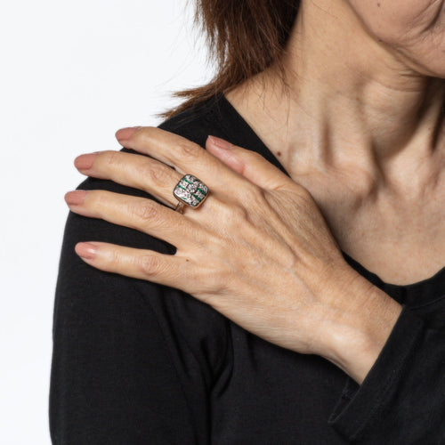 Bague 57 Bague Art Déco vintage en or blanc avec diamants et émeraude 58 Facettes G13914