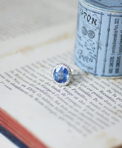 Bague 51 Bague Art Déco platine, Saphir de Ceylan Non Chauffé 4,30 Cts et Diamants 58 Facettes