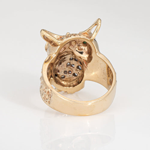 Bague Bague vintage hibou sur branche en or jaune, diamant et émeraude 58 Facettes G13999