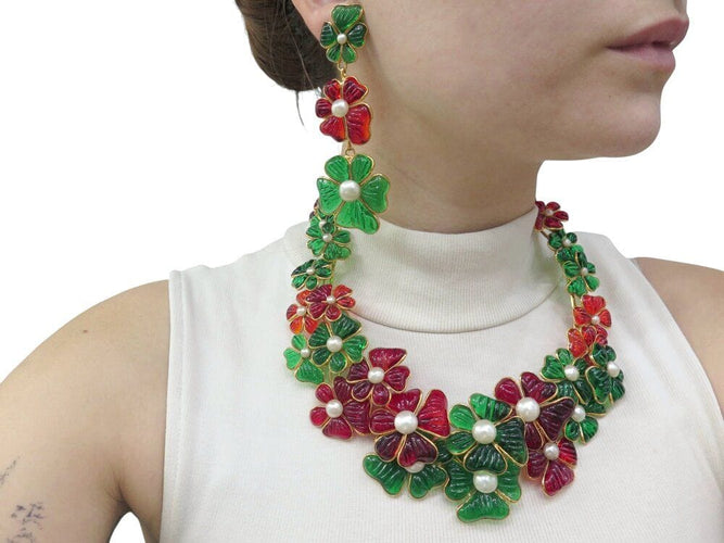 Collier parure collier boucles d'oreille augustine paris gripoix camelia pate verre 58 Facettes 269071