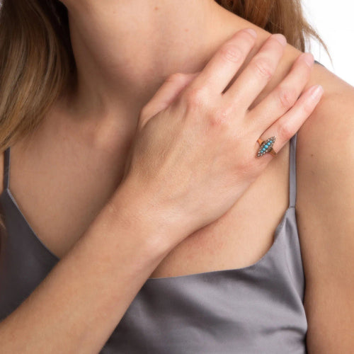 Bague Bague Navette Victorienne Antique avec Perle Turquoise en Or Jaune 10 carats Taille 5,75 58 Facettes G12477