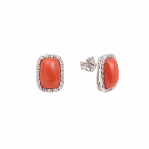 Boucles d'oreilles Paire Puces d’Oreilles Cabochons De Corail Diamants Or Gris 18 Carats 58 Facettes BO211