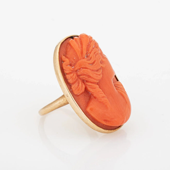 Bague 47.5 Antique Victorian Coral Cameo Ring Vintage Yellow Gold Large Cocktail 58 Facettes G12698