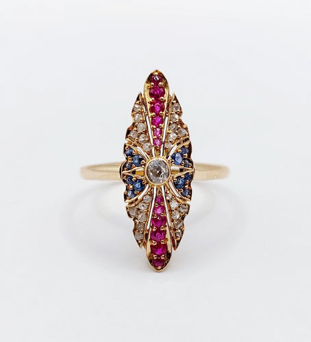 Bague 56 Bague marquise art deco or rose 18k diamant taille ancienne, diamants tailles roses, rubis et saphirs (circa 1920) 58 Facettes A05470