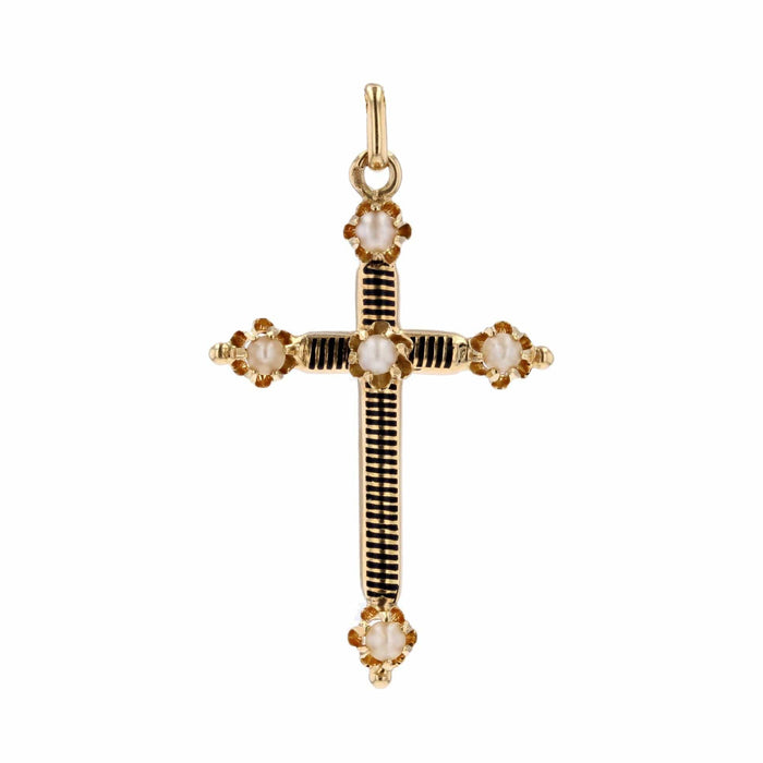 Pendentif Croix ancienne émail noir perles fines et sa chaine 58 Facettes 24-144