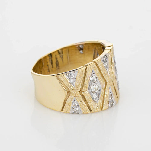 Bague Bague vintage en or jaune 14 carats avec diamants et cigares, style années 70, taille 7, large, texturée, bijoux 58 Facettes G12637