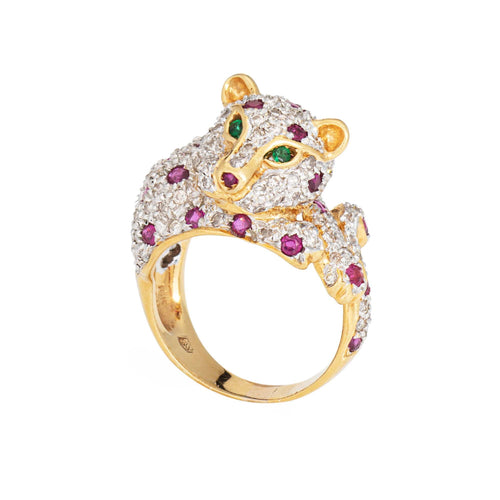 Bague 54 Bague vintage léopard en or jaune, diamant, rubis et émeraude 58 Facettes G14000