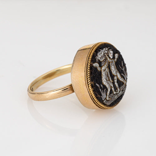 Bague antique victorienne en micro-mosaïque, chérubins, or jaune 14 carats, taille 9, bijoux fins