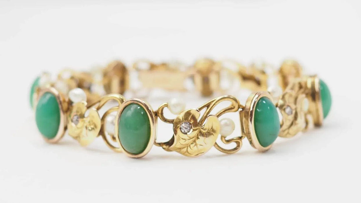 Bracelet Bracelet or jaune chrysoprases diamants et perles fines 58 Facettes 32781