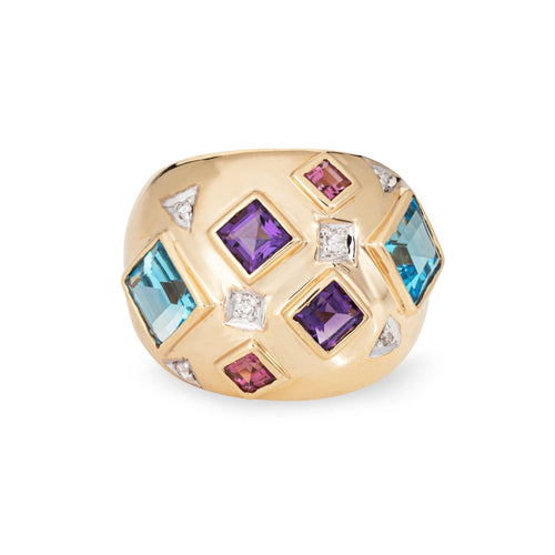 Bague Bague mosaïque en pierres précieuses vintage, dôme, taille 8, or jaune 14 carats, bijoux fins 58 Facettes G13906