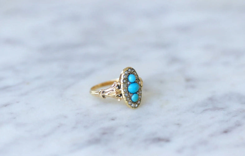 Bague marquise turquoises et perles