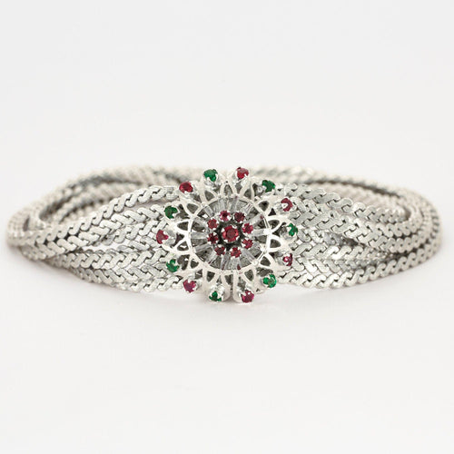 Bracelet Bracelet Ancien Or Blanc 14K Rubis et Emeraudes 58 Facettes