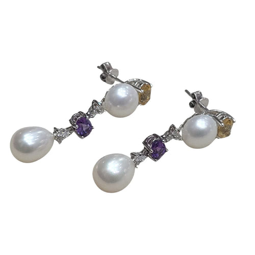 Boucles d'oreilles Boucles d'oreilles ornées de perles, d'améthystes, de citrines et de diamants taille brillant 58 Facettes PE168