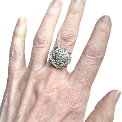 Bague 52.5 BAGUE PLATINE STYLE ART DÉCO avec DIAMANT et RUBIS 58 Facettes Q20B