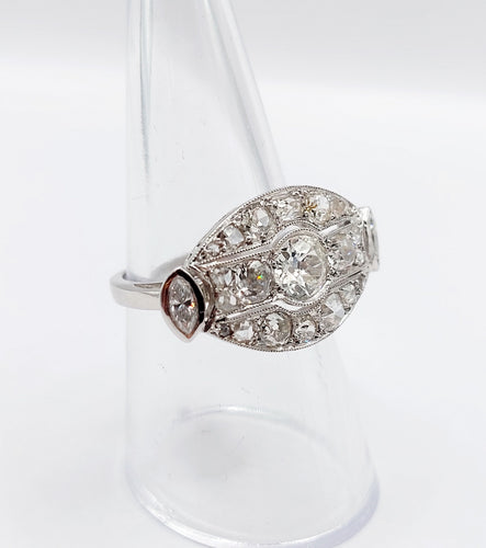 Bague marquise inversée Art déco en or 18K et diamants taille ancienne