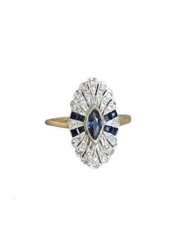 Bague 50.5 Bague Art Déco pavée en or jaune 18K et platine, saphirs et diamants 58 Facettes