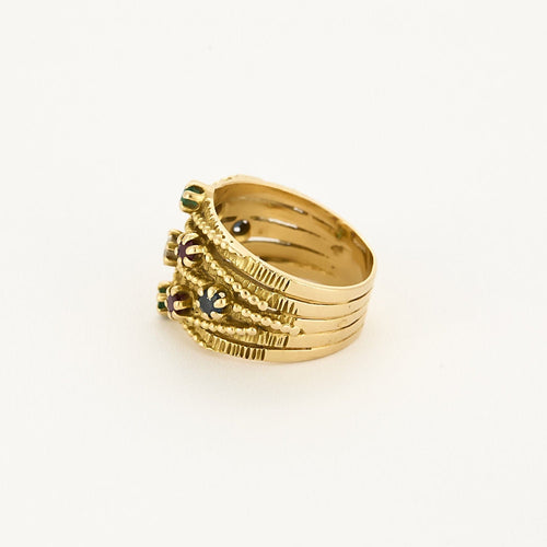 Bague 55 Bague bandeau mouvementée, or jaune, rubis, émeraudes et saphirs 58 Facettes B250458