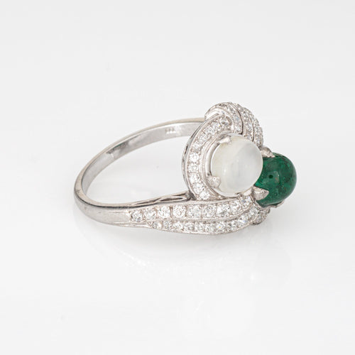 Bague 62 Bague Art déco vintage, émeraude, pierre de lune, diamant, taille 10, bijou de succession raffiné 58 Facettes G14027