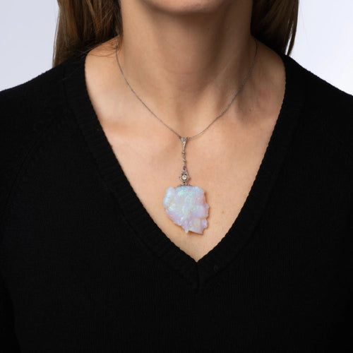 Collier Collier antique édouardien en opale sculptée avec camée et diamants en platine, ras du cou de 15 pouces 58 Facettes G13707