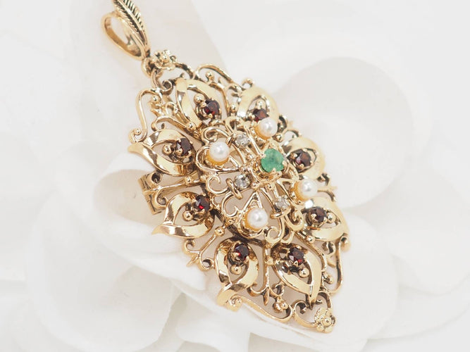 Pendentif Broche pendentif en or jaune, emeraude et perles de culture 58 Facettes 33147