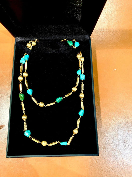 Collier Sautoir Vintage Turquoises Or Jaune 58 Facettes C134