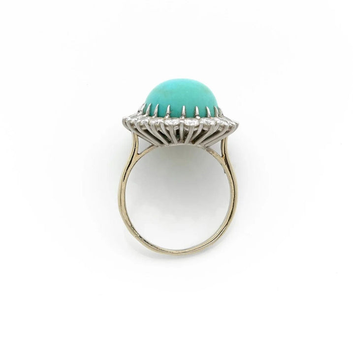 Bague 57 Bague pompadour cabochon turquoise diamants platine or blanc 58 Facettes B338