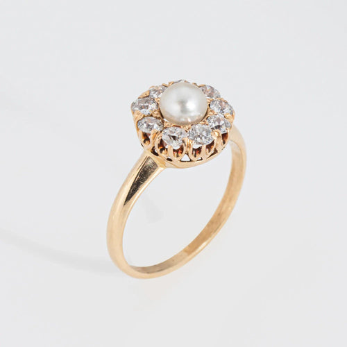 Antique Victorian Ring Pearl Mine Cut Diamond Cluster 14k Yellow Gold Halo 58 Facettes G13660