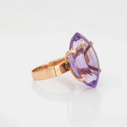 Bague Bague vintage des années 60 en améthyste 17,50 ct en or rose 18 carats, bijoux de cocktail marquise, taille 6,5 58 Facettes G13498