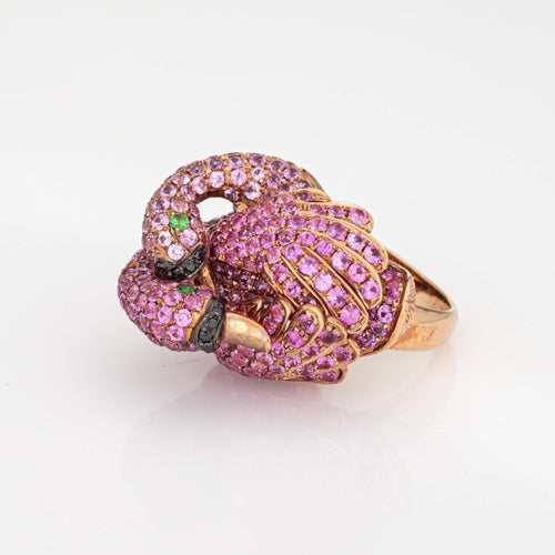 Bague Flamant Rose Double Or Rose et Saphir Rose