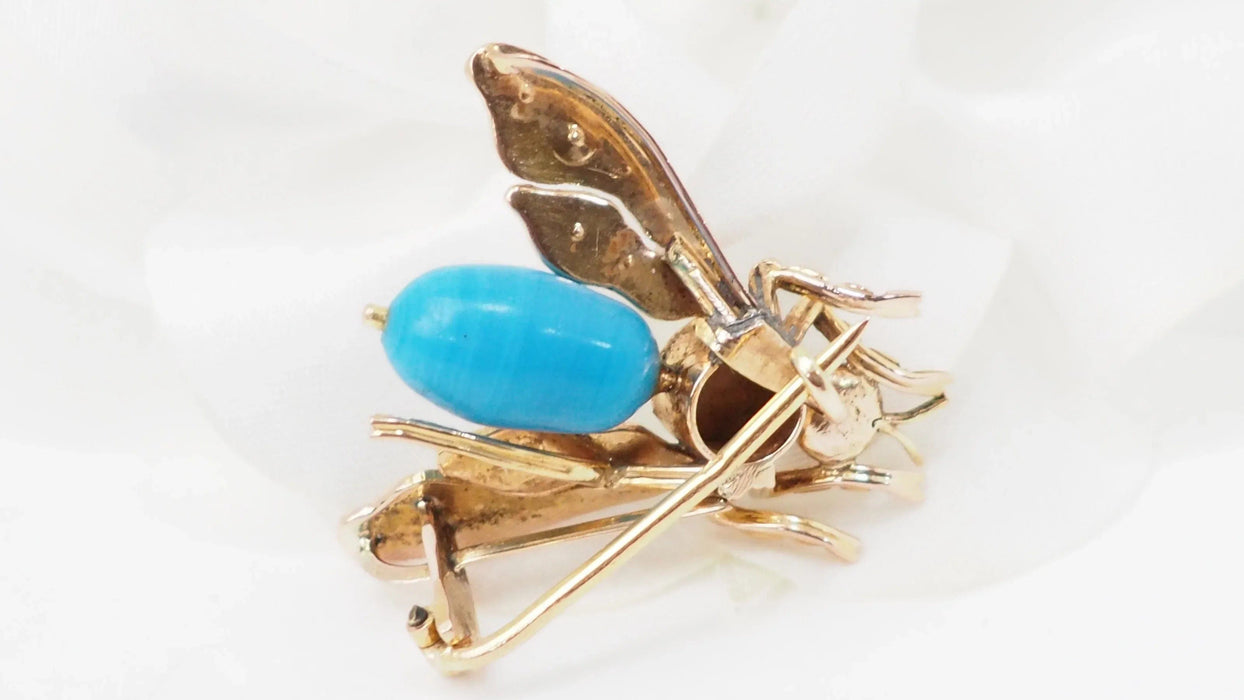 Broche Broche mouche en or jaune turquoise, oeil de tigre et perles fines 58 Facettes 32820