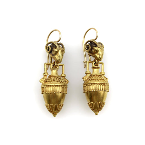 Boucles d'oreilles cannetille en or 14 carats, tête de bélier et amphore, style néo-étrusque