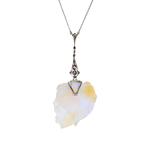 Collier Collier antique édouardien en opale sculptée avec camée et diamants en platine, ras du cou de 15 pouces 58 Facettes G13707