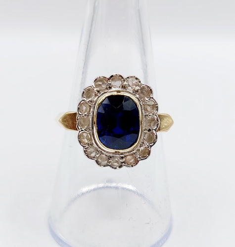 Bague 60 Bague pompadour Art Déco or et platine, saphir synthétique de 3,00 carats, diamants taille rose (circa 1920) 58 Facettes A04827