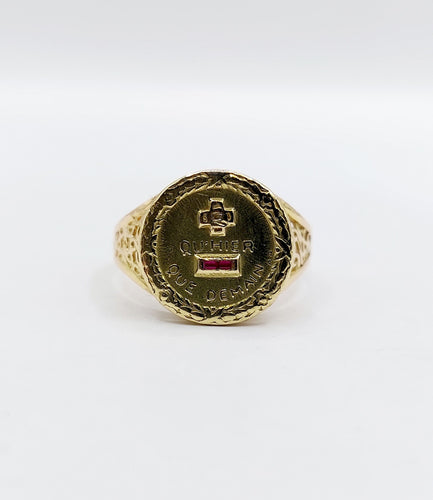 Bague 52 AUGIS - Bague médaille amour or jaune couronne de lauriers ornée de rubis et de diamant (circa 1958) 58 Facettes A04959