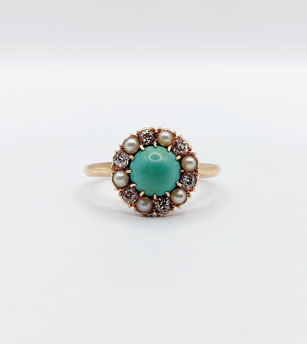 Bague 52.5 Bague marguerite or jaune, cabochon de turquoise, diamants et perles (circa 1900) 58 Facettes A05219