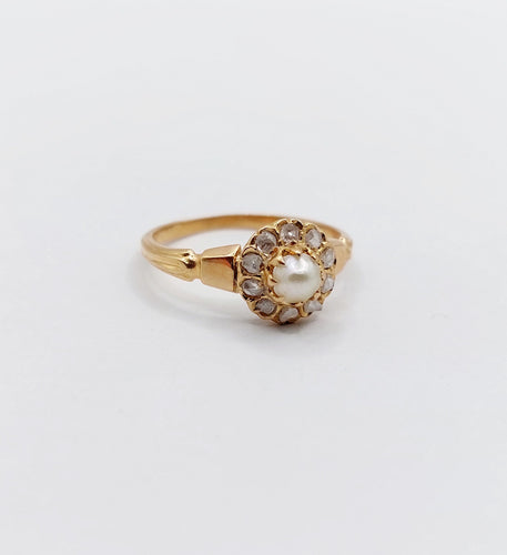 Bague 48.5 Bague marguerite antique or rose 18k perle et diamants taille roses (circa 1900) 58 Facettes A06176