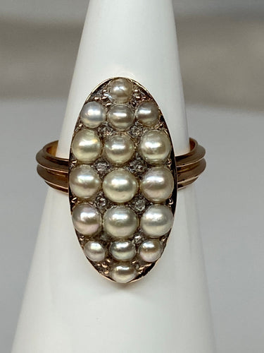 Bague marquise perles fines, diamants