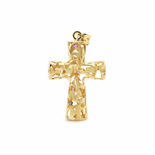 Pendentif Pendentif croix en or jaune orné de rubis, d'émeraudes et de saphirs 58 Facettes 17550