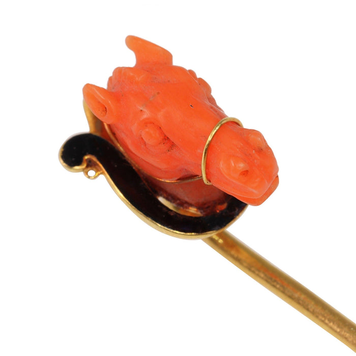 Broche Élégance équestre : une épingle à cravate antique à tête de cheval en corail français 58 Facettes 24057-0275