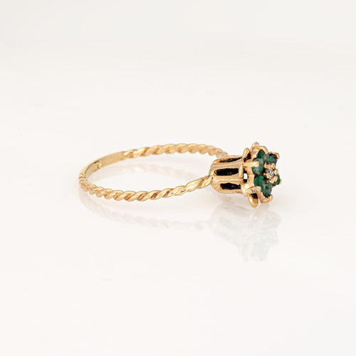 Bague tulipe vintage en or jaune 14 carats avec diamants et émeraude, taille 5,5